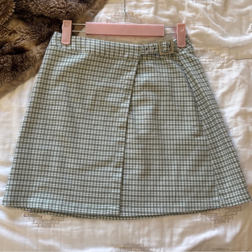 John Galt Brandy Melville Sage Green Plaid Buckle Skirt - Picture 2 of 3